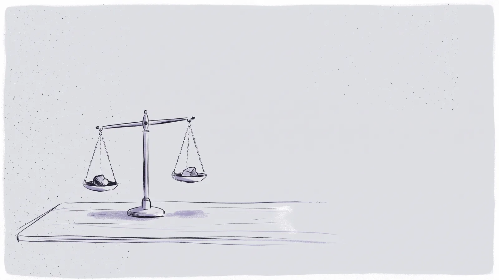 A balance scale with a different small stone in each pan, its beam almost level