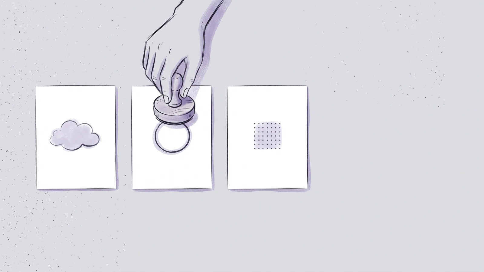 A hand pressing a rubber stamp onto the middle of three sheets of paper, each showing a slightly different shape