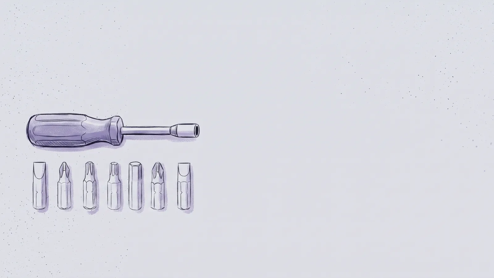 A screwdriver handle next to a row of six interchangeable bits with different tips